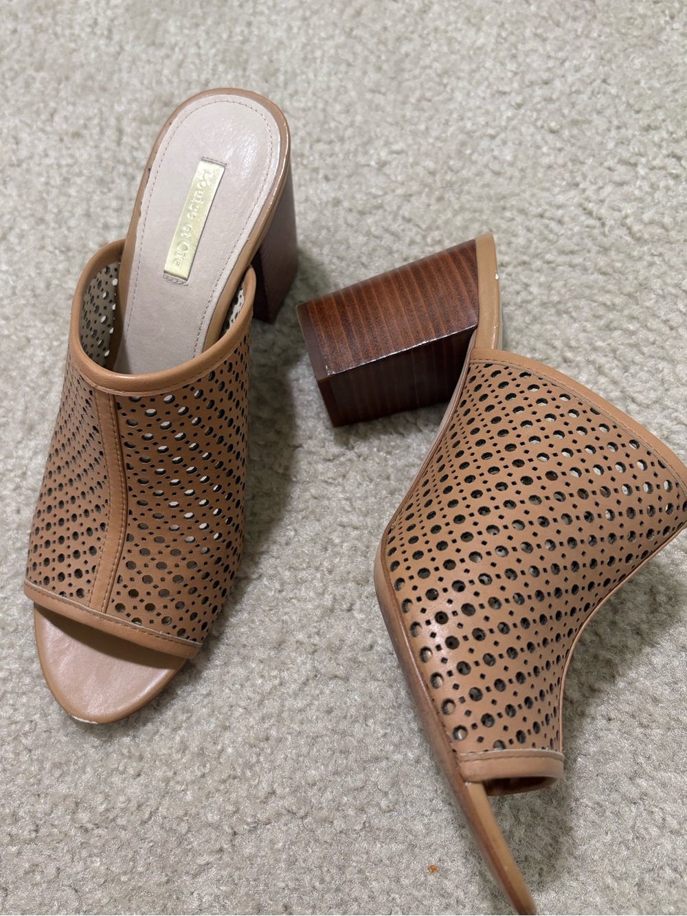 Louise et Cie Tan Perforated Open-Toe Block Heel Mules